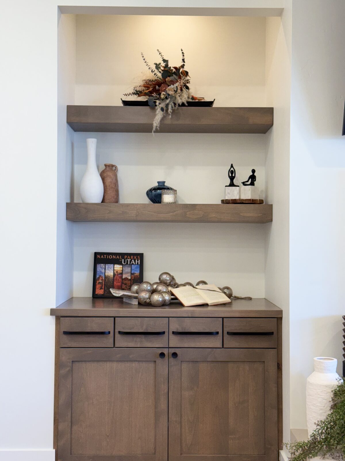 Built-in shelves with curated decor