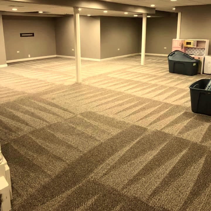 Basement with the ChicProClean signature carpet pattern across the whole floor